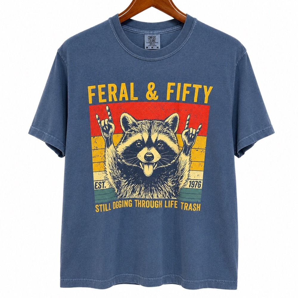 Comfort Colors Feral & Fifty Raccoon T-Shirt Blue Est 1976 50th Birthday Mens M